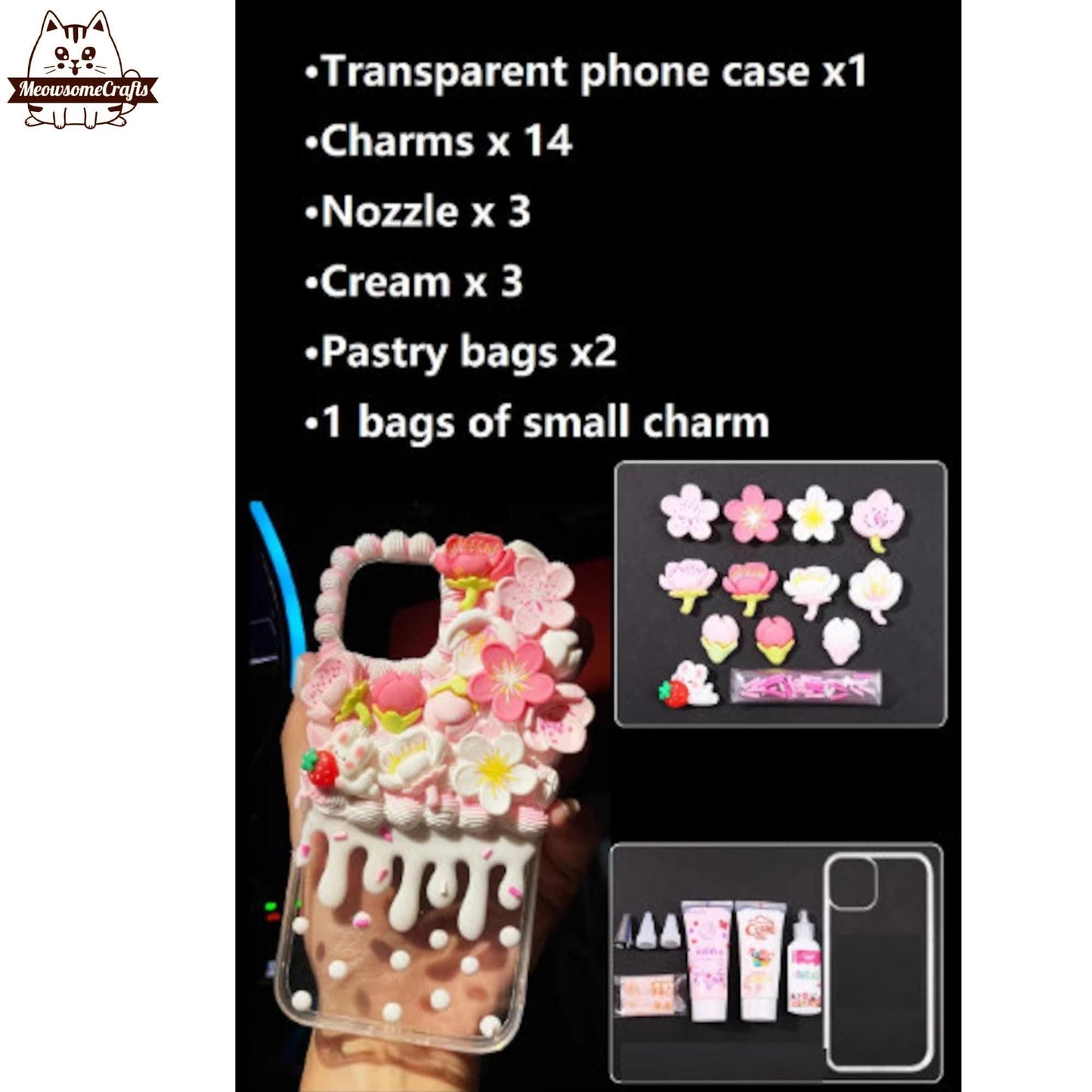 Decoden Custom Phone Case DIY Craft Kits | Sakura Flowers Pearls Teardrop Pearls Charms | Samsung Android iPhone Cases - MeowsomeCrafts