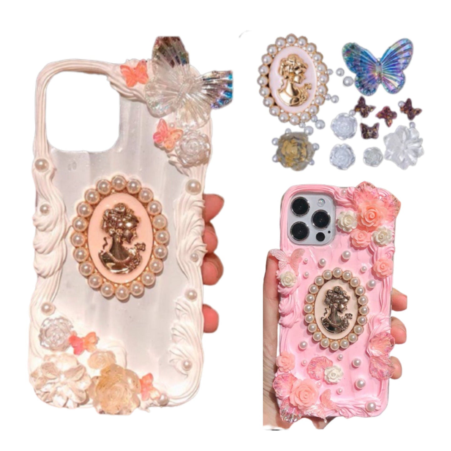 Decoden Custom Phone Case DIY Craft Kits | White Black Roses Butterflies Pearl Frame Gold Lady Charms | Samsung Android iPhone Cases - MeowsomeCrafts