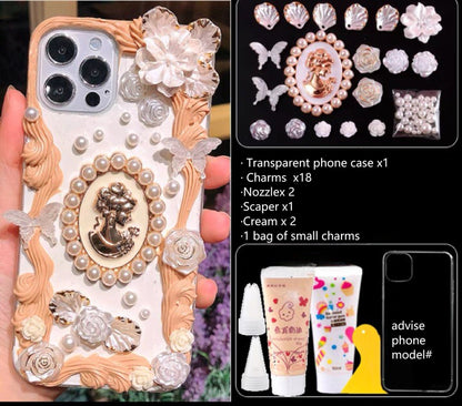 Decoden Custom Phone Case DIY Craft Kits | White Black Roses Butterflies Pearl Frame Gold Lady Charms | Samsung Android iPhone Cases - MeowsomeCrafts