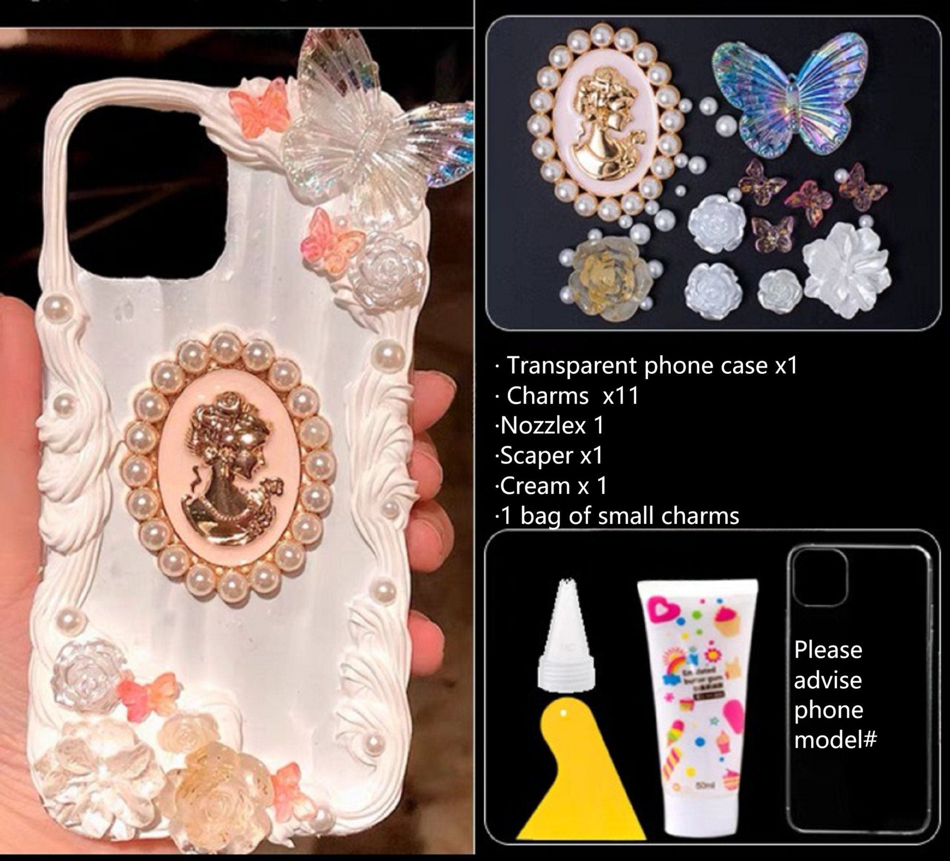 Decoden Custom Phone Case DIY Craft Kits | White Black Roses Butterflies Pearl Frame Gold Lady Charms | Samsung Android iPhone Cases - MeowsomeCrafts