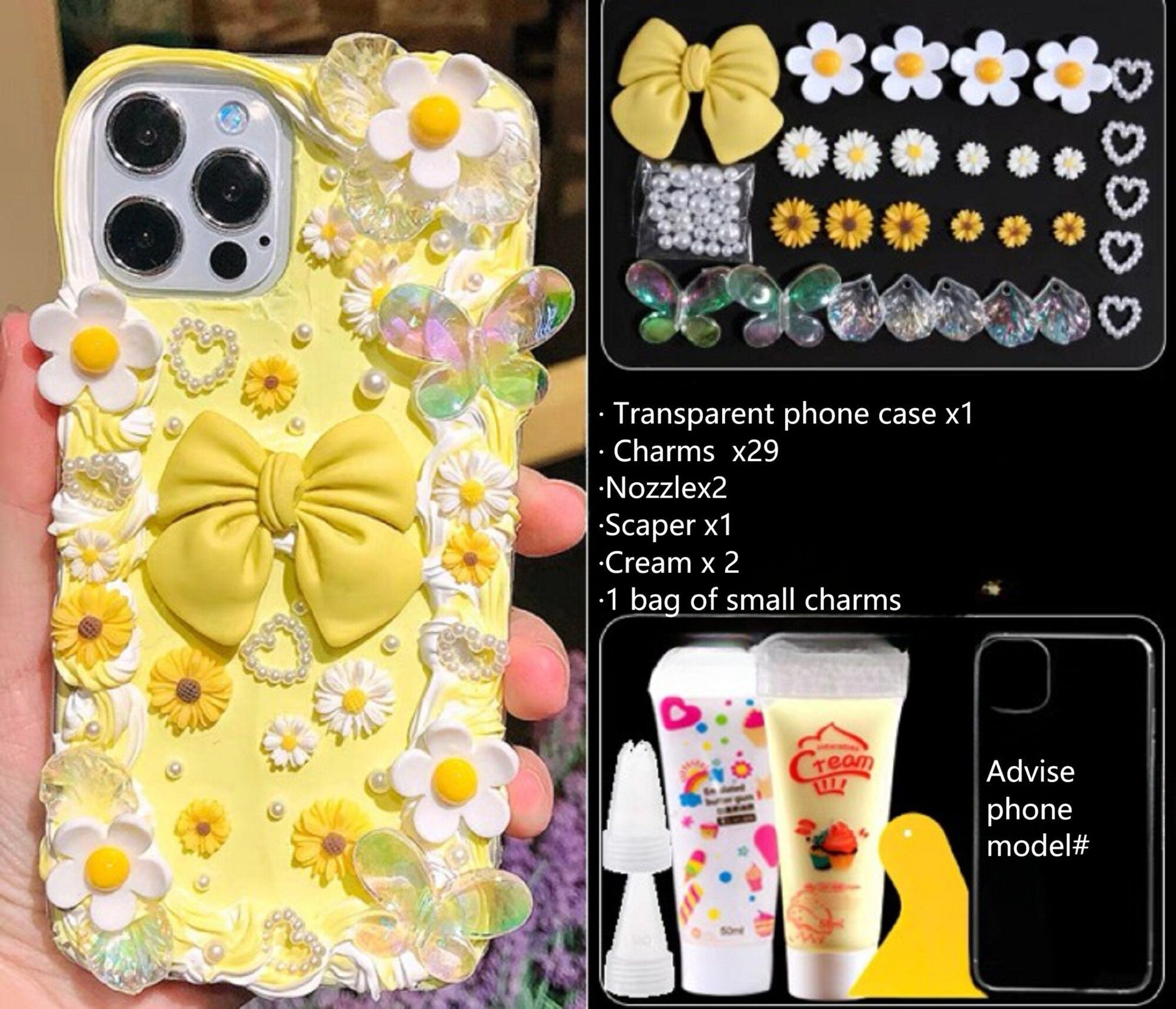 Decoden Custom Phone Case DIY Craft Kits | Yellow Pink Ribbons Daises Flowers Tear Drop Pearls Charms | Samsung Android iPhone Cases - MeowsomeCrafts