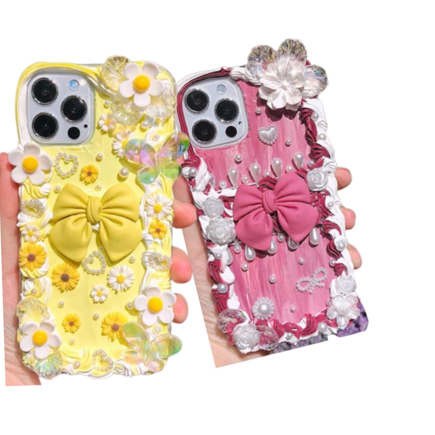 Decoden Custom Phone Case DIY Craft Kits | Yellow Pink Ribbons Daises Flowers Tear Drop Pearls Charms | Samsung Android iPhone Cases - MeowsomeCrafts