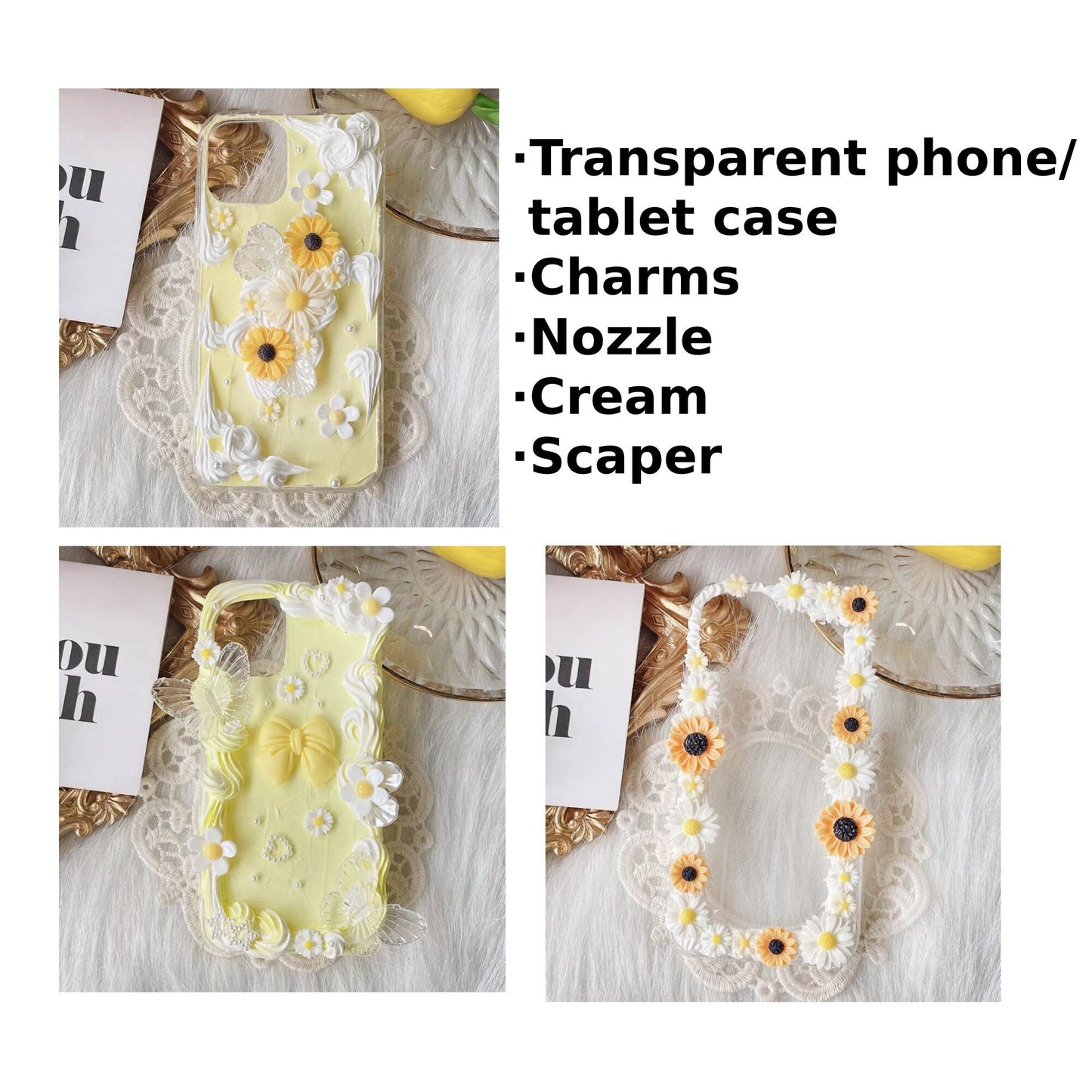 Decoden Custom Phone Case DIY Craft Kits | Yellow White Daises Flowers Butterflies Pearls Charms | Samsung Android iPhone Cases - MeowsomeCrafts