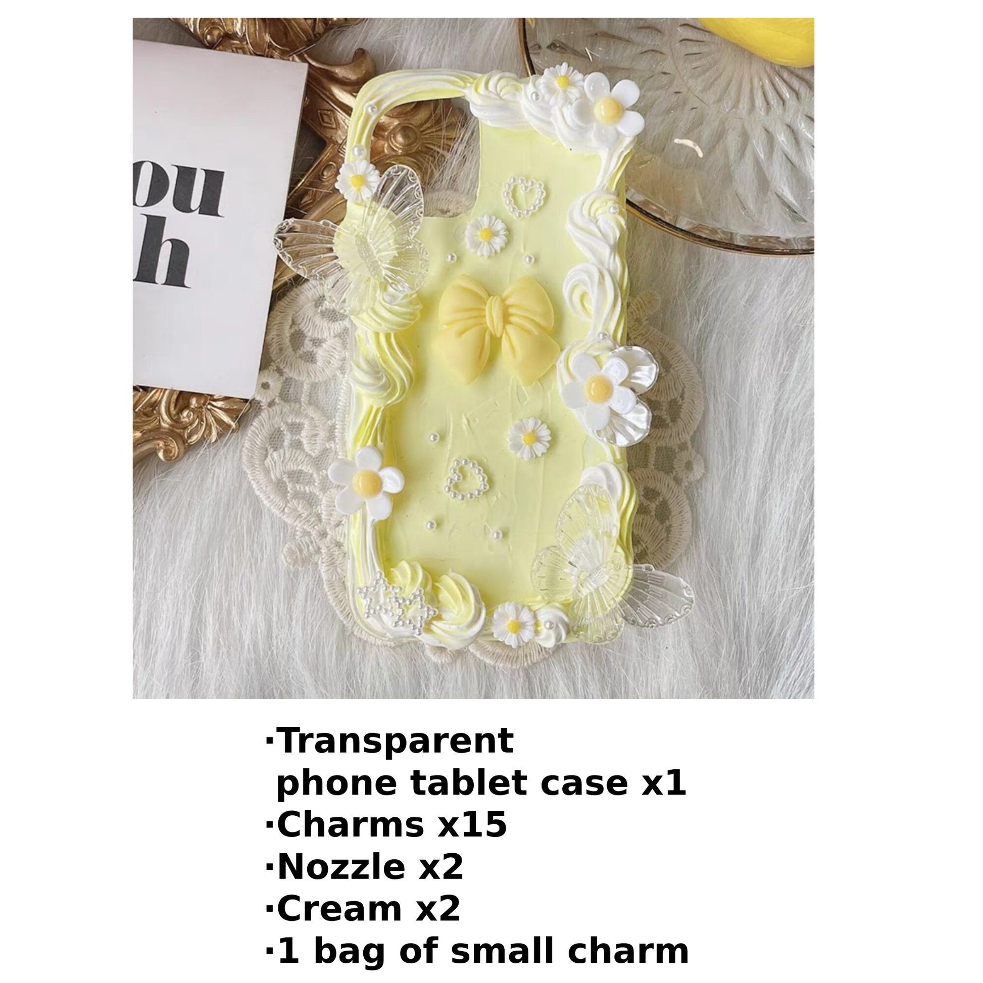 Decoden Custom Phone Case DIY Craft Kits | Yellow White Daises Flowers Butterflies Pearls Charms | Samsung Android iPhone Cases - MeowsomeCrafts