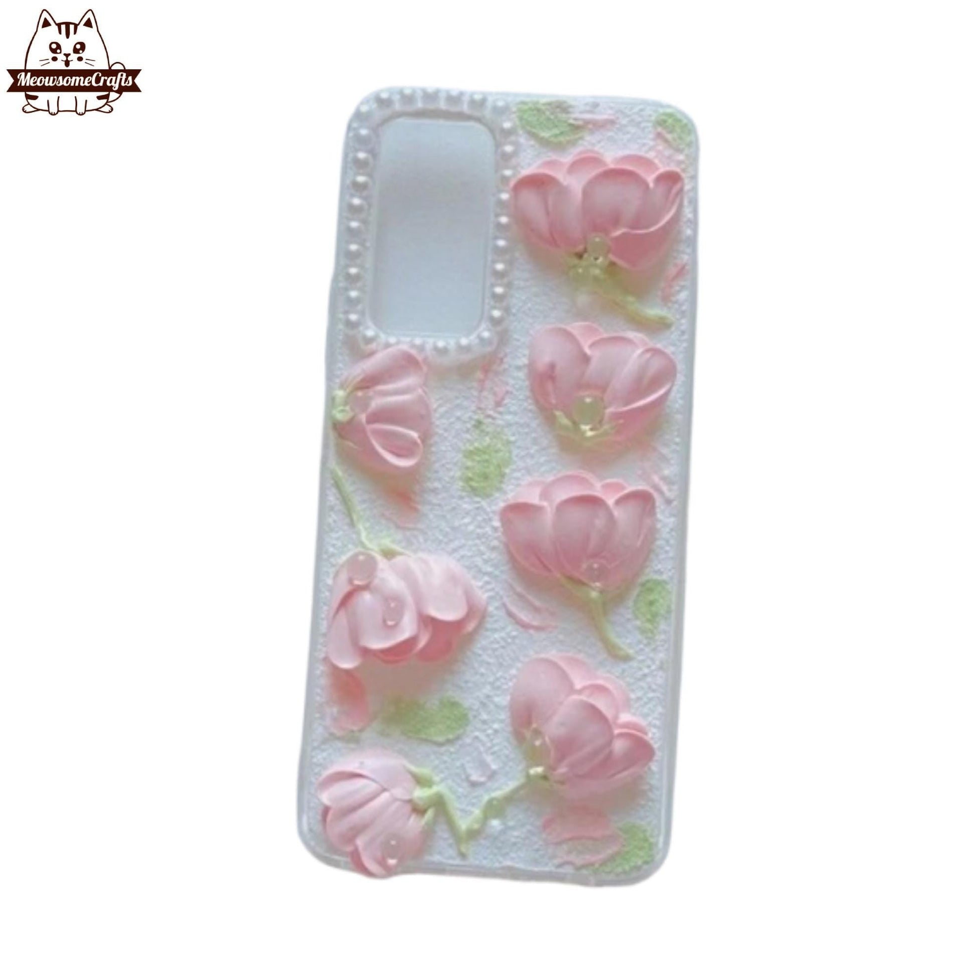 Finished Handmade Decoden Phone Case | Beautiful Pink Flowers Pearls Charms | Samsung Android iPhone Cases - MeowsomeCrafts