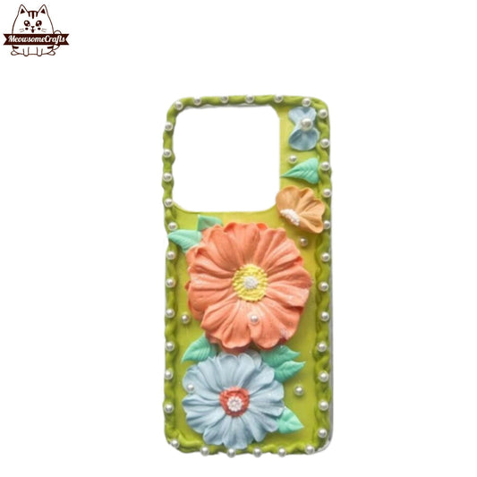 Finished Handmade Decoden Phone Case | Blue & Orange Big Daisy Flowers Charms | Samsung Android iPhone Cases - MeowsomeCrafts