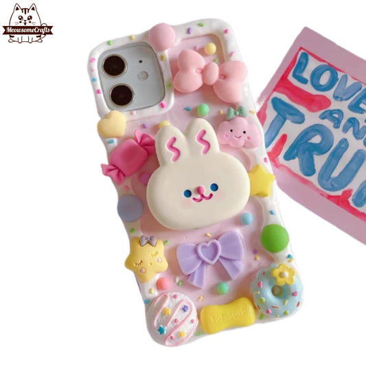 Finished Handmade Decoden Phone Case | Kawaii Rabbit Ice Cream Sandwich Candy Hearts Charms | Samsung Android iPhone Cases - MeowsomeCrafts