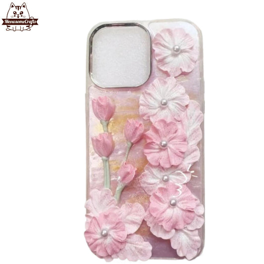 Finished Handmade Decoden Phone Case | Lovely Peach Pink Open Flowers Pearls Charms | Samsung Android iPhone Cases - MeowsomeCrafts