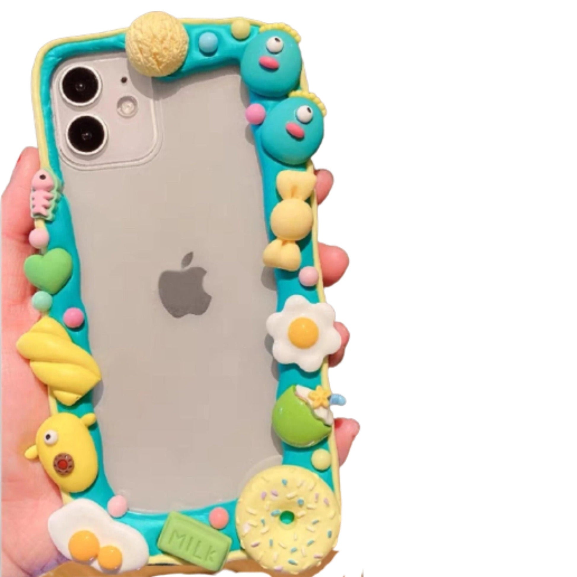 Finished Handmade Decoden Phone Case | One Eyed Monster Faces Donut Eggs Ice Cream Charms | Samsung Android iPhone Cases - MeowsomeCrafts