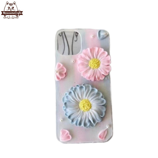 Finished Handmade Decoden Phone Case | Pink & Blue Big Daisy Flowers Charms | Samsung Android iPhone Cases - MeowsomeCrafts