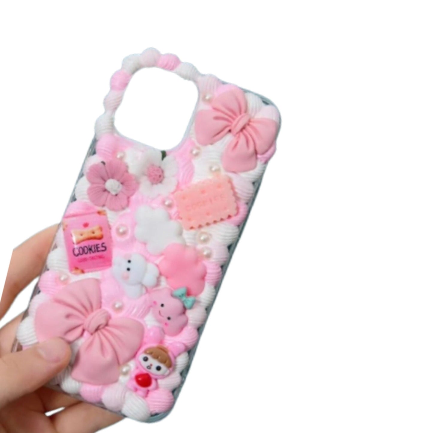 Finished Handmade Decoden Phone Case | Pink & Red Bows Clouds Cookies Flowers Pearl Snowflakes Stars Bows Charms | Samsung Android iPhone Cases - MeowsomeCrafts