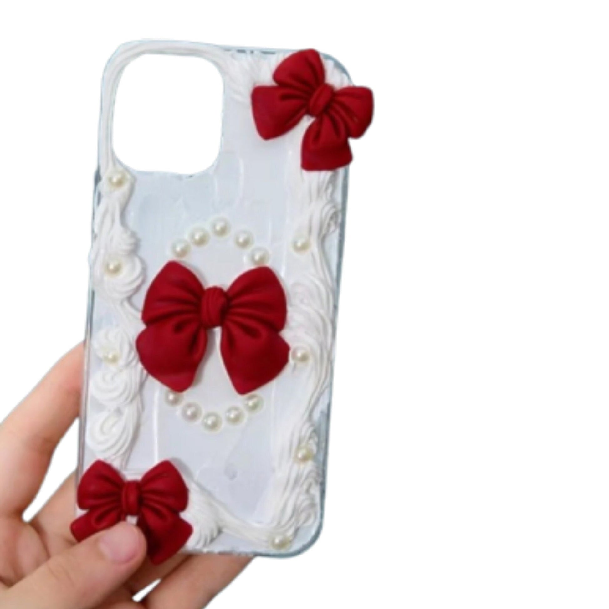 Finished Handmade Decoden Phone Case | Pink & Red Bows Clouds Cookies Flowers Pearl Snowflakes Stars Bows Charms | Samsung Android iPhone Cases - MeowsomeCrafts