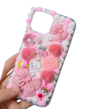 Finished Handmade Decoden Phone Case | Pink & Red Bows Clouds Cookies Flowers Pearl Snowflakes Stars Bows Charms | Samsung Android iPhone Cases - MeowsomeCrafts