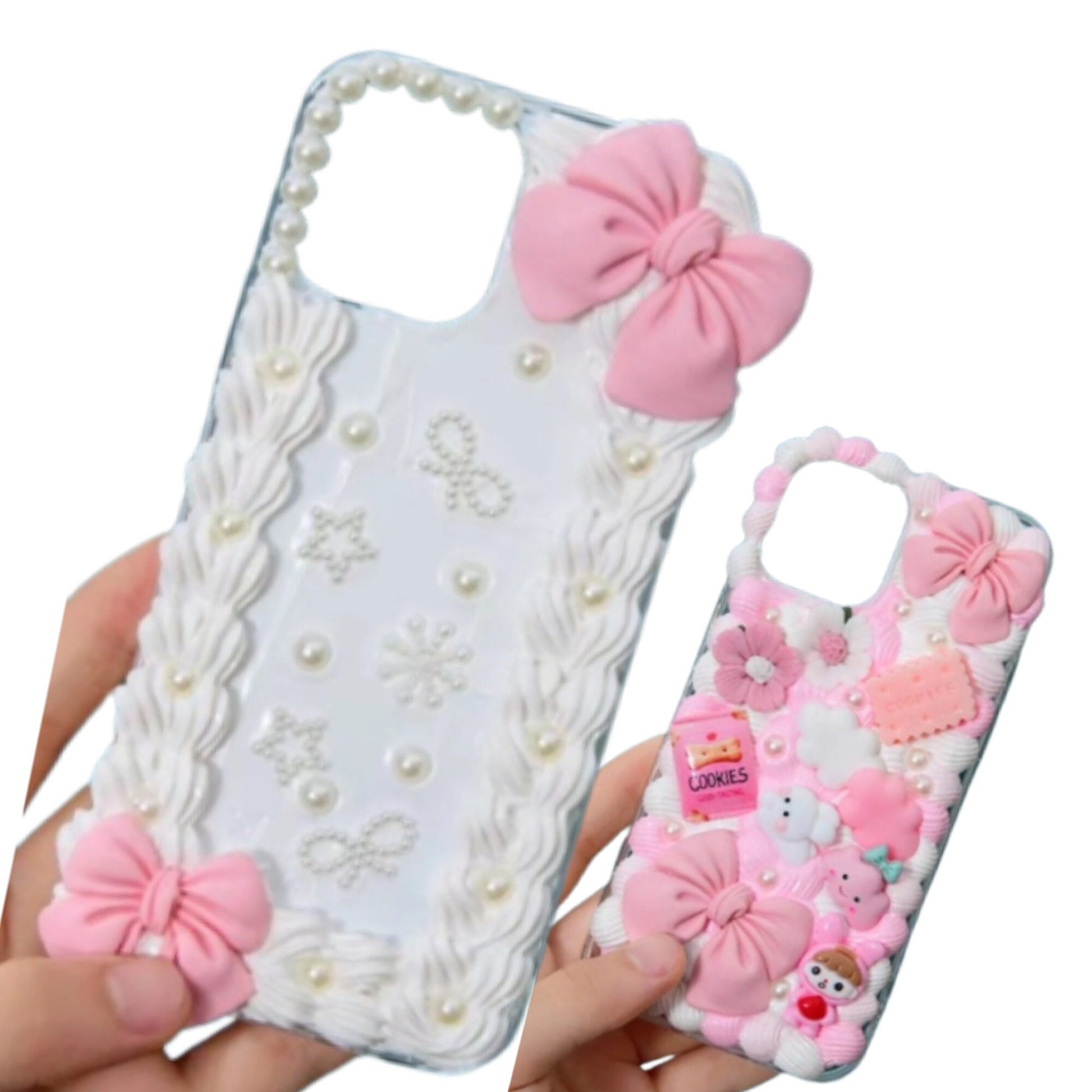 Finished Handmade Decoden Phone Case | Pink & Red Bows Clouds Cookies Flowers Pearl Snowflakes Stars Bows Charms | Samsung Android iPhone Cases - MeowsomeCrafts