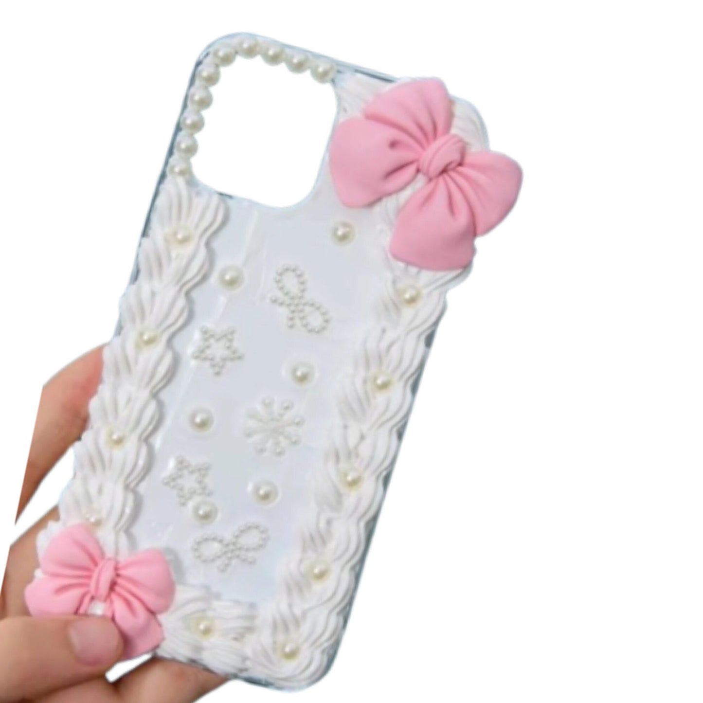 Finished Handmade Decoden Phone Case | Pink & Red Bows Clouds Cookies Flowers Pearl Snowflakes Stars Bows Charms | Samsung Android iPhone Cases - MeowsomeCrafts