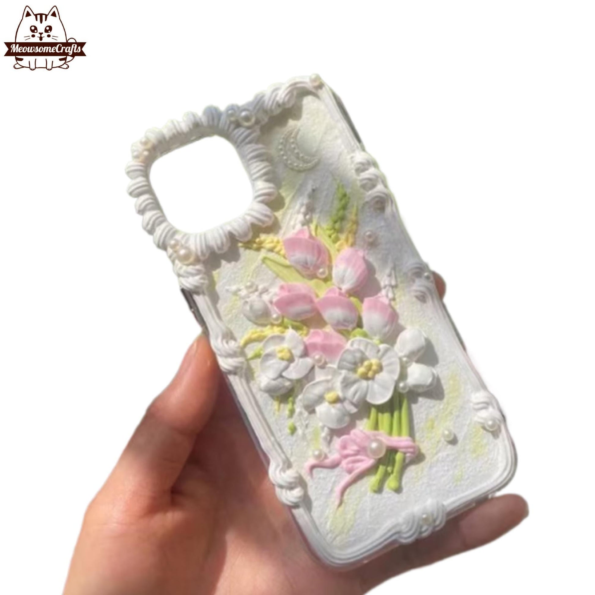 Finished Handmade Decoden Phone Case | Pink & White Tulips Flowers Pearls Moon Charms | Samsung Android iPhone Cases - MeowsomeCrafts