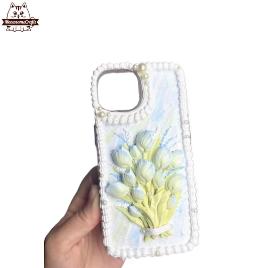 Finished Handmade Decoden Phone Case | Ribbon Tied Blue Tulips Flowers Bouquet Bunch Charms | Samsung Android iPhone Cases - MeowsomeCrafts