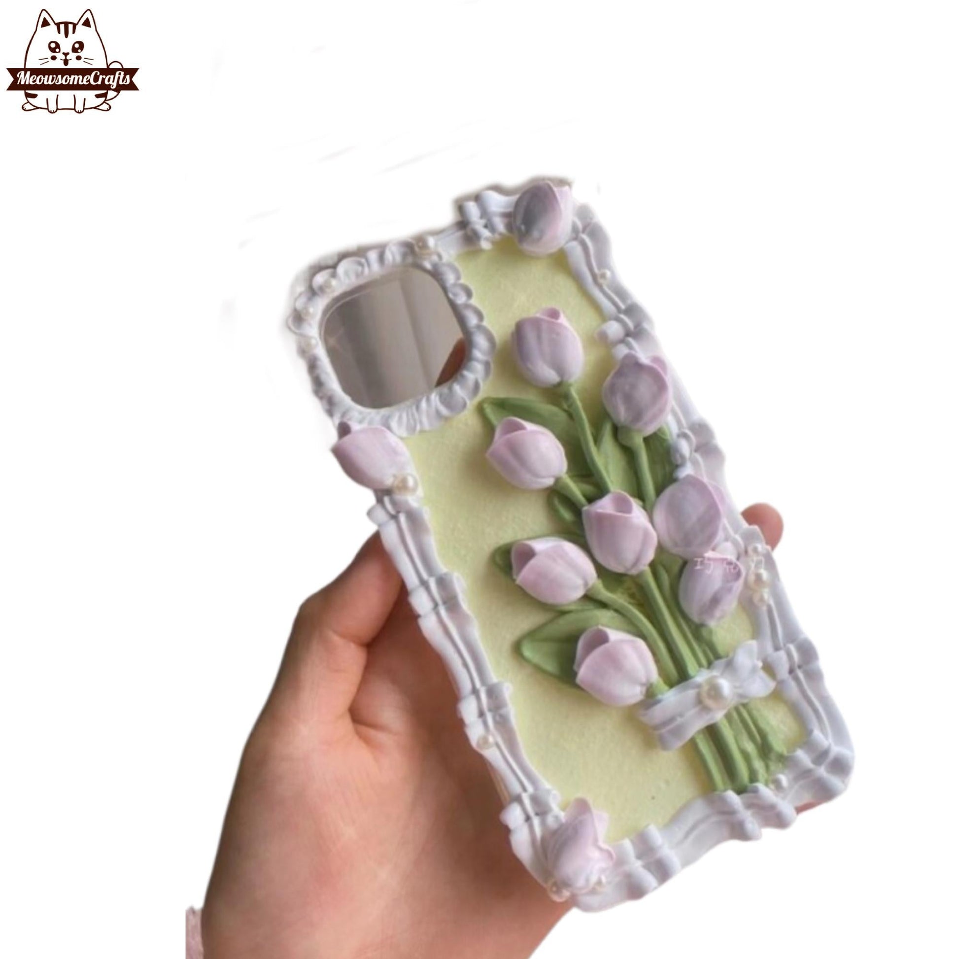 Finished Handmade Decoden Phone Case | Ribbon Tied Purple Tulips Flowers Bouquet Bunch Charms | Samsung Android iPhone Cases - MeowsomeCrafts