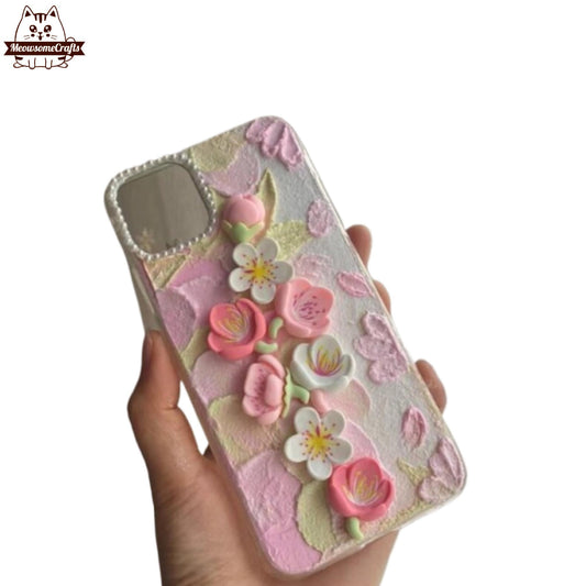 Finished Handmade Decoden Phone Case | Sakura Cherry Blossoms Flowers Charms | Samsung Android iPhone Cases - MeowsomeCrafts