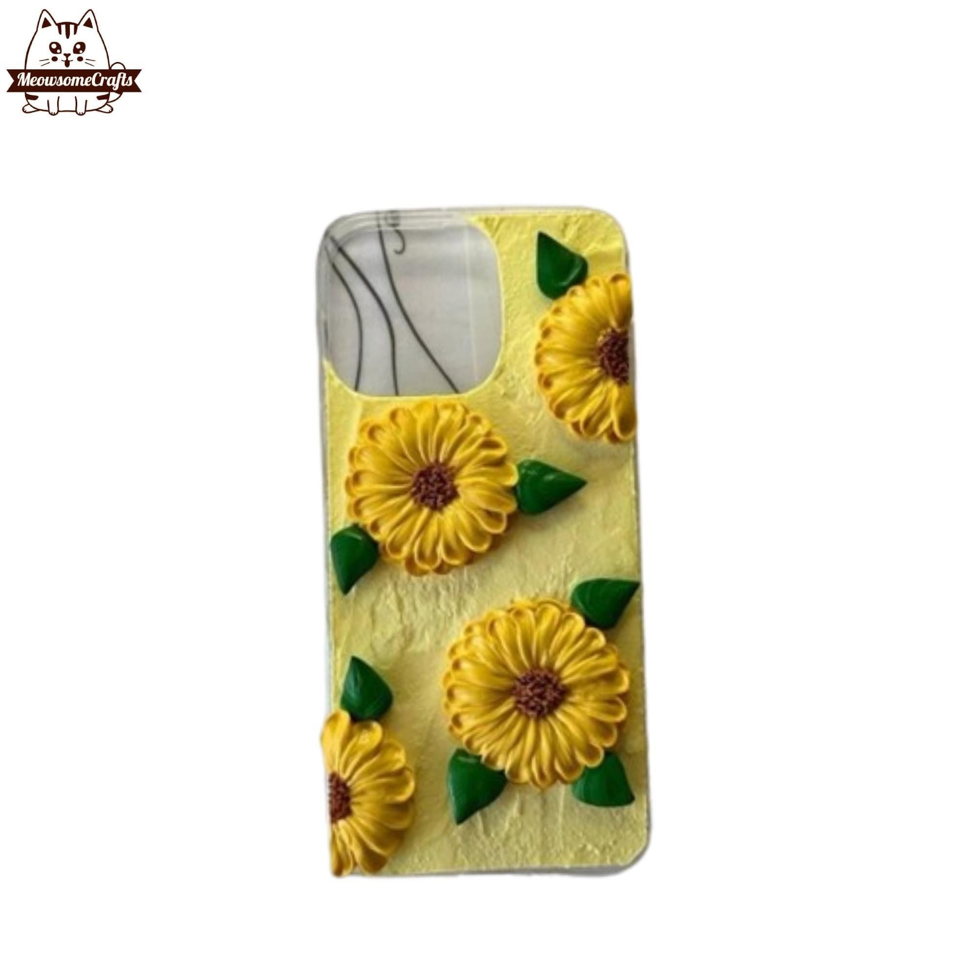 Finished Handmade Decoden Phone Case | Sunflowers Flowers Leaves Charms | Samsung Android iPhone Cases - MeowsomeCrafts