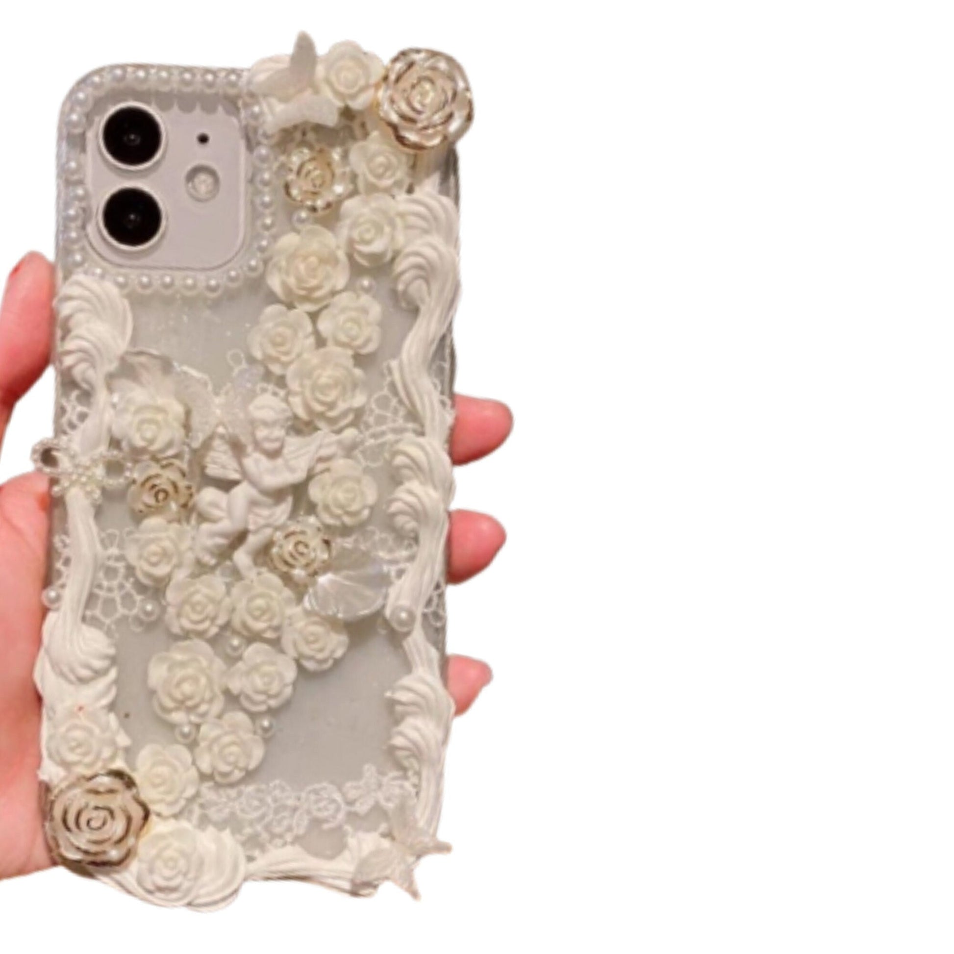 Finished Handmade Decoden Phone Cases | Angels Frames Flowers Daises Lace Pearls Charms | Samsung Android iPhone Cases - MeowsomeCrafts