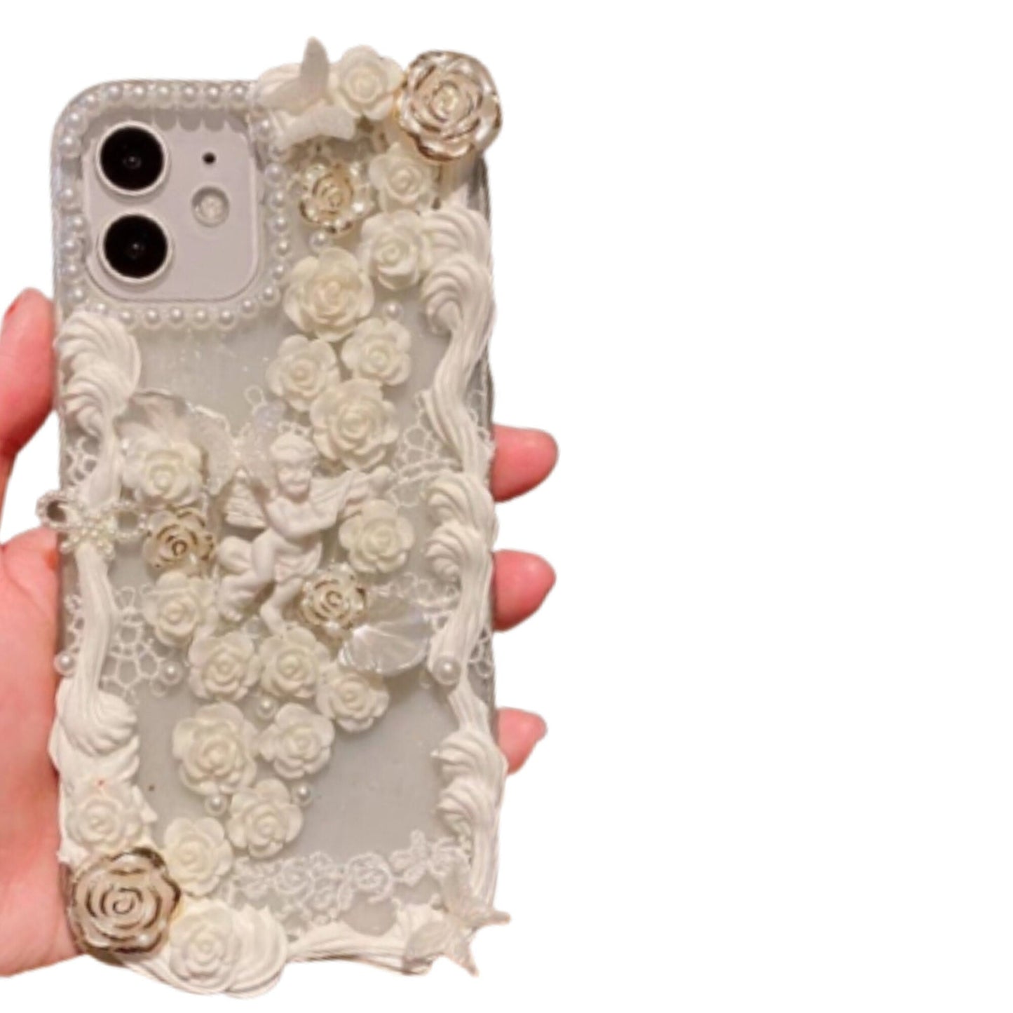 Finished Handmade Decoden Phone Cases | Angels Frames Flowers Daises Lace Pearls Charms | Samsung Android iPhone Cases - MeowsomeCrafts