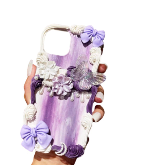 Finished Handmade Decoden Phone Cases | Beautiful Purple Flowers Bows Butterflies Charms | Samsung Android iPhone Cases - MeowsomeCrafts