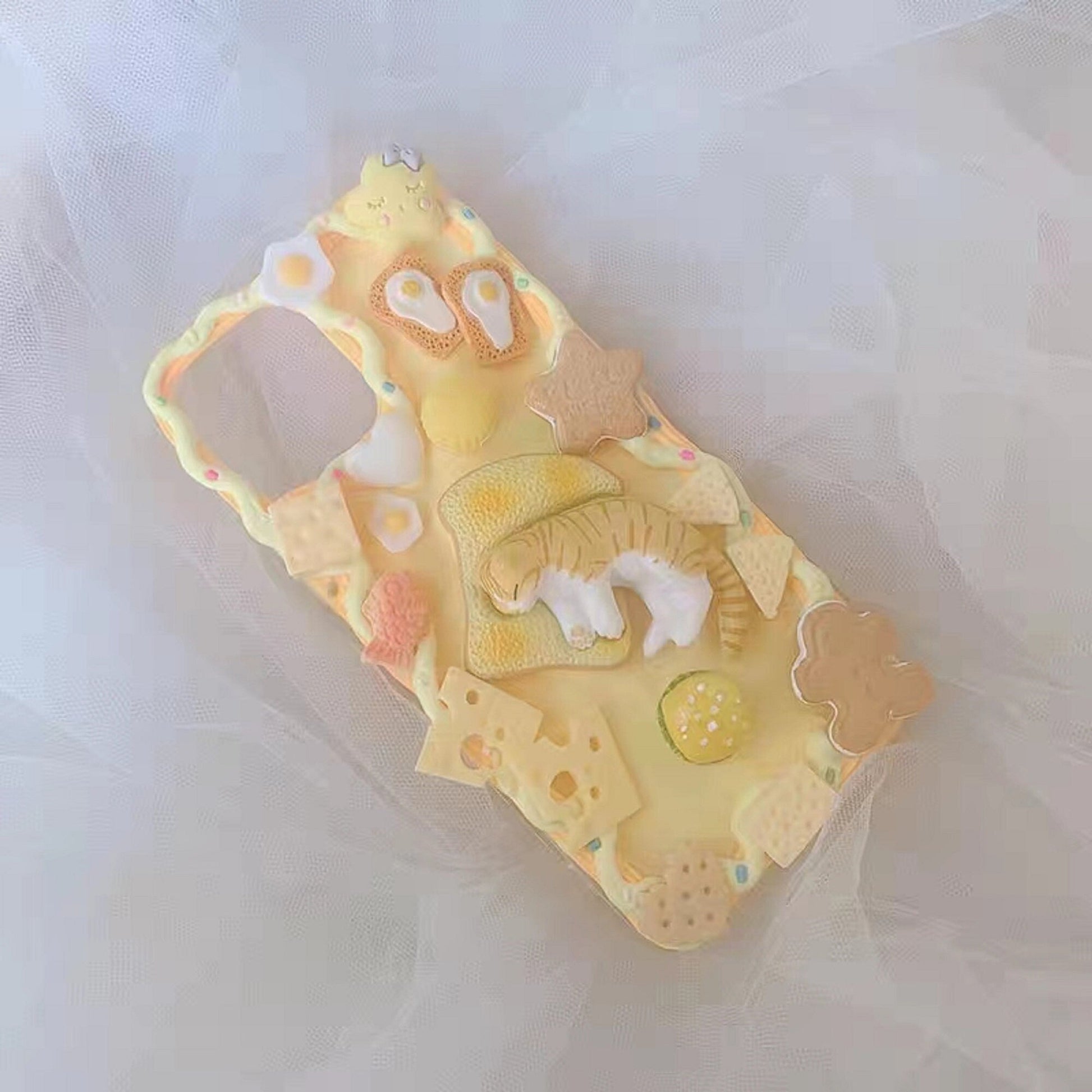 Finished Handmade Decoden Phone Cases | Cat Sleeping On Toast Cookies Crackers Food Charms | Samsung Android iPhone Cases - MeowsomeCrafts