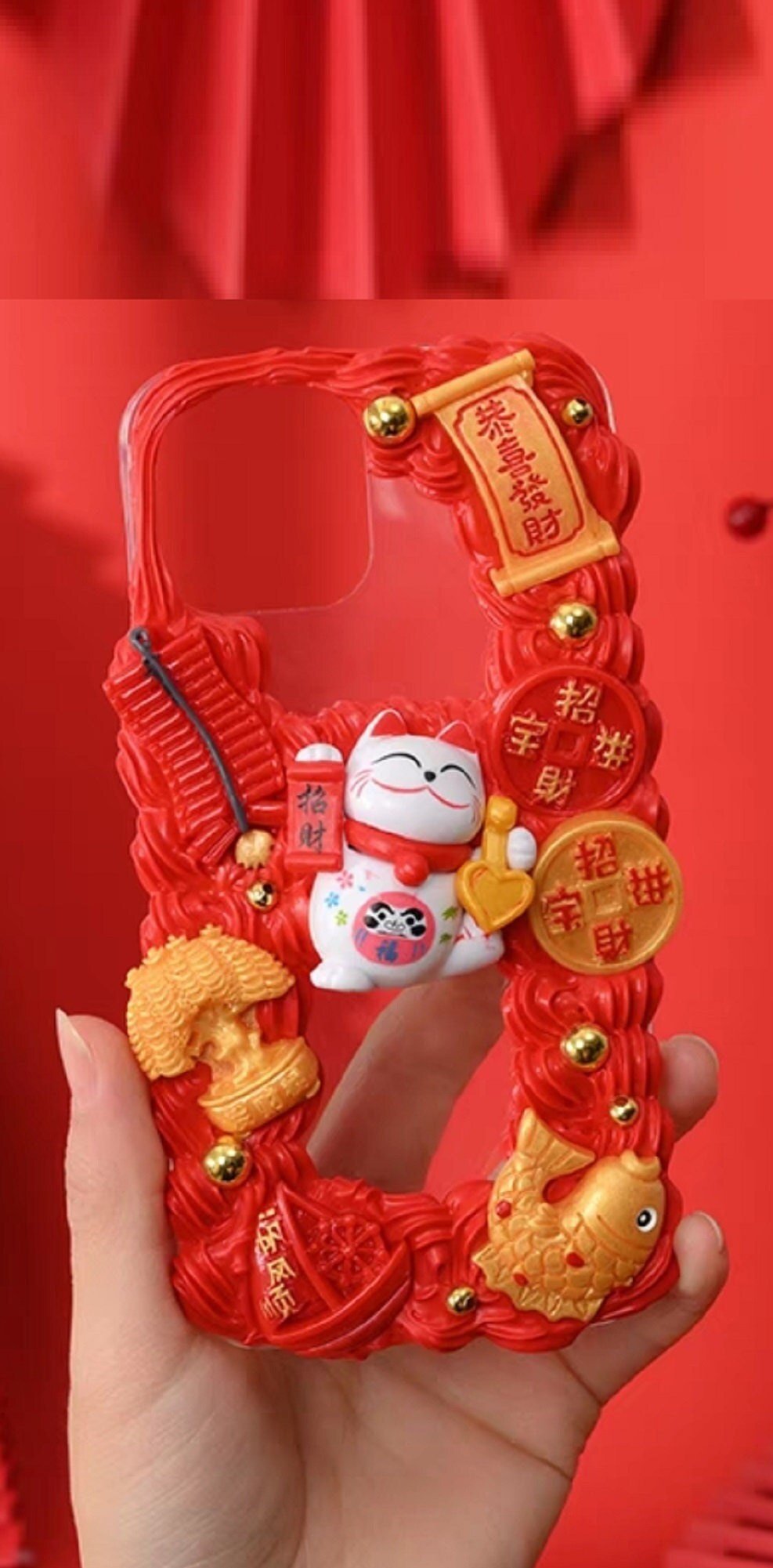 Finished Handmade Decoden Phone Cases | Chinese Fortune Cat Lantern Scroll Lucky Bag Money Tree Charms | Samsung Android iPhone Cases - MeowsomeCrafts