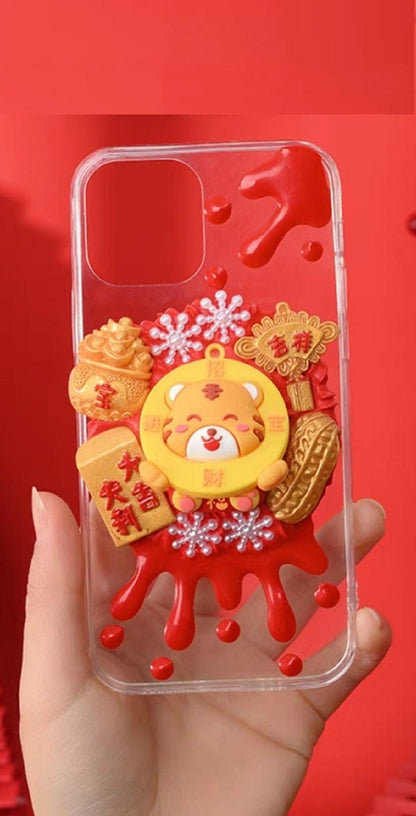 Finished Handmade Decoden Phone Cases | Chinese Fortune Cat Lantern Scroll Lucky Bag Money Tree Charms | Samsung Android iPhone Cases - MeowsomeCrafts