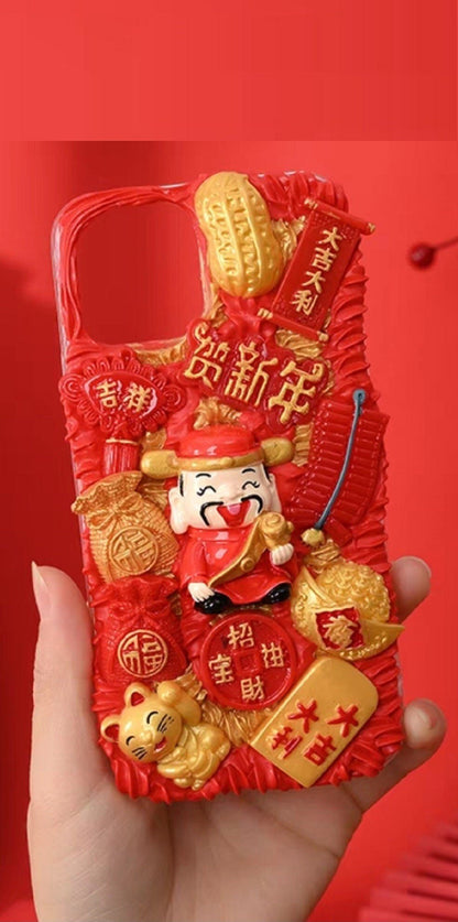 Finished Handmade Decoden Phone Cases | Chinese Fortune Cat Lantern Scroll Lucky Bag Money Tree Charms | Samsung Android iPhone Cases - MeowsomeCrafts