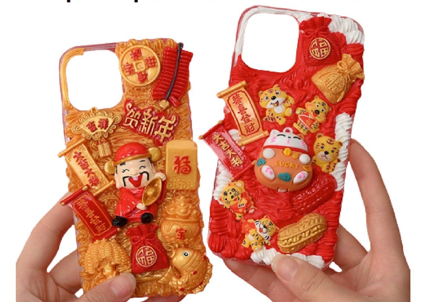 Finished Handmade Decoden Phone Cases | Chinese Fortune Cat Lantern Scroll Lucky Bag Money Tree Charms | Samsung Android iPhone Cases - MeowsomeCrafts