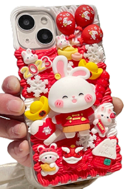 Finished Handmade Decoden Phone Cases | Chinese Lion Dance Hat Rabbit Baby Rabbits Lucky Bag Charms | Samsung Android iPhone Cases - MeowsomeCrafts