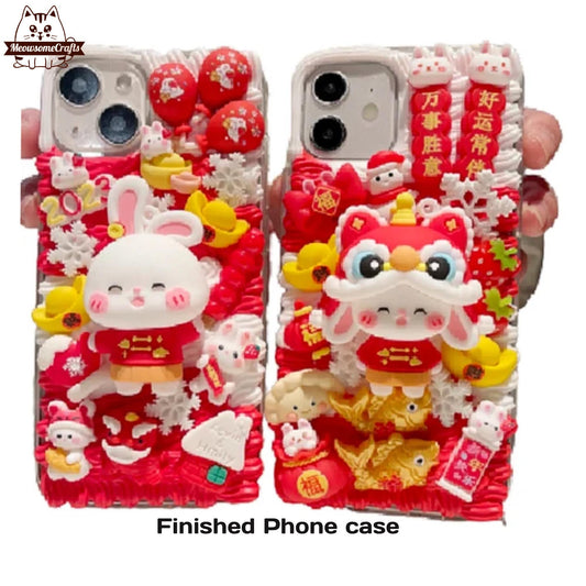 Finished Handmade Decoden Phone Cases | Chinese Lion Dance Hat Rabbit Baby Rabbits Lucky Bag Charms | Samsung Android iPhone Cases - MeowsomeCrafts