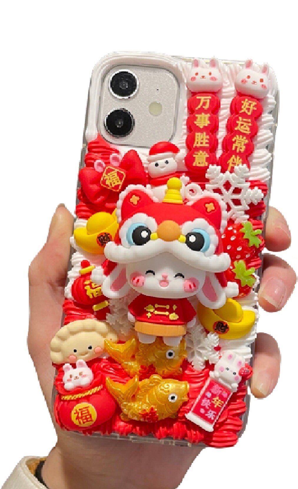 Finished Handmade Decoden Phone Cases | Chinese Lion Dance Hat Rabbit Baby Rabbits Lucky Bag Charms | Samsung Android iPhone Cases - MeowsomeCrafts