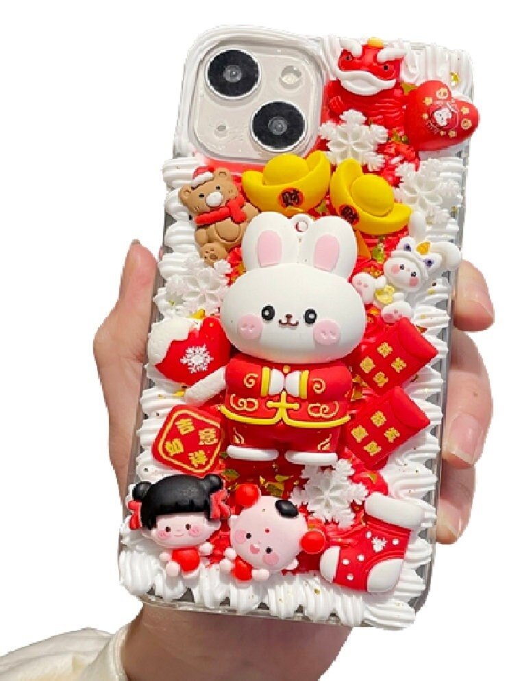 Finished Handmade Decoden Phone Cases | Chinese Rabbit Red Envelope Kids Easter Rabbit Flowers Carrot Balloons Charms | Samsung Android iPhone Cases - MeowsomeCrafts