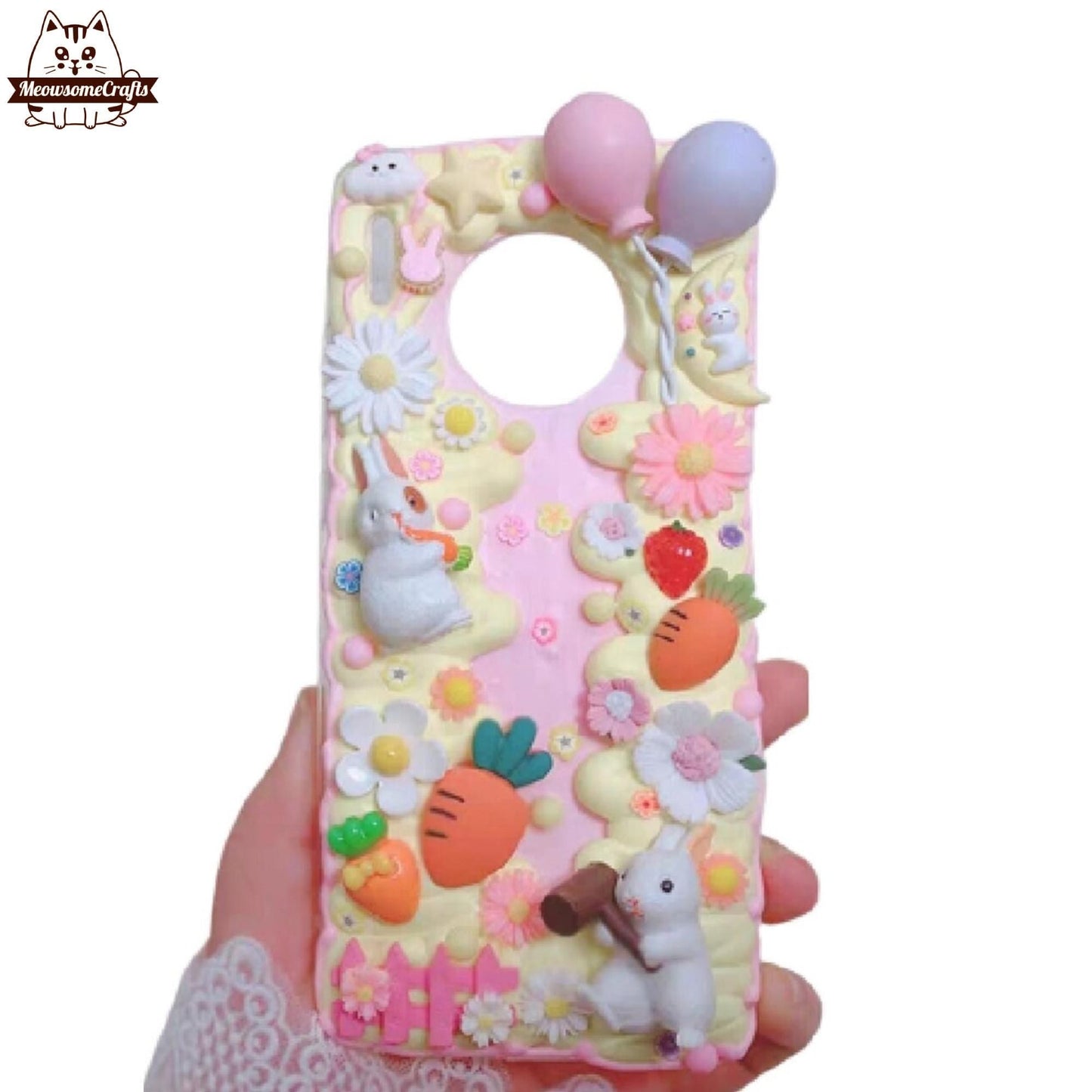 Finished Handmade Decoden Phone Cases | Chinese Rabbit Red Envelope Kids Easter Rabbit Flowers Carrot Balloons Charms | Samsung Android iPhone Cases - MeowsomeCrafts