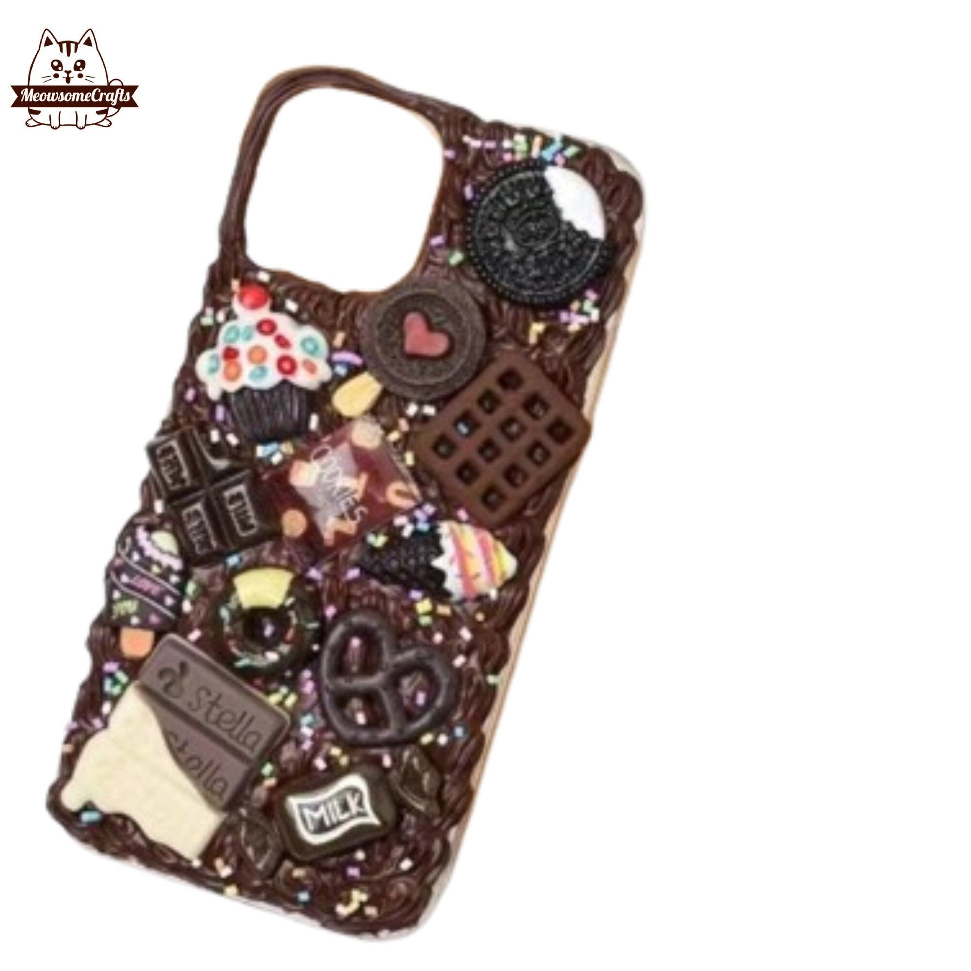 Finished Handmade Decoden Phone Cases | Chocolate Bar Candy Cupcake Ice Cream Dessert Charms | Samsung Android iPhone Cases - MeowsomeCrafts