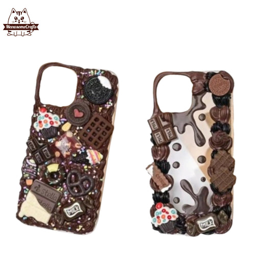 Finished Handmade Decoden Phone Cases | Chocolate Bar Candy Cupcake Ice Cream Dessert Charms | Samsung Android iPhone Cases - MeowsomeCrafts