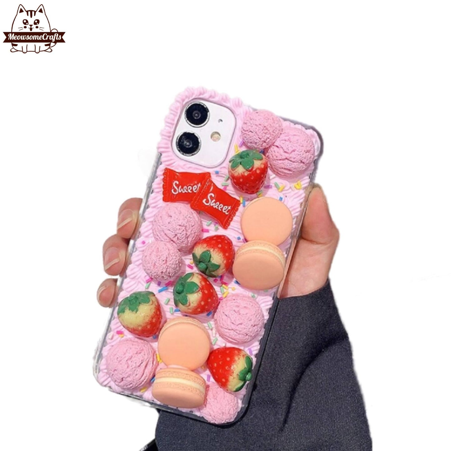 Finished Handmade Decoden Phone Cases | Chocolate Strawberry Ice Cream Cookies Candy Dessert Charms | Samsung Android iPhone Cases - MeowsomeCrafts