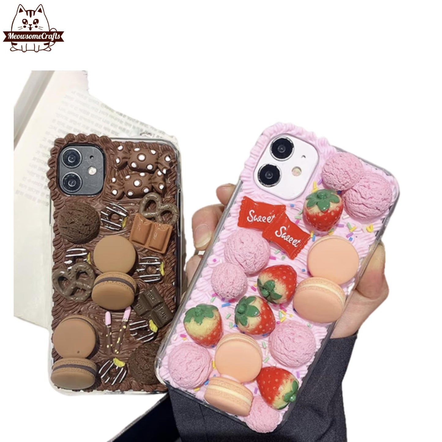 Finished Handmade Decoden Phone Cases | Chocolate Strawberry Ice Cream Cookies Candy Dessert Charms | Samsung Android iPhone Cases - MeowsomeCrafts