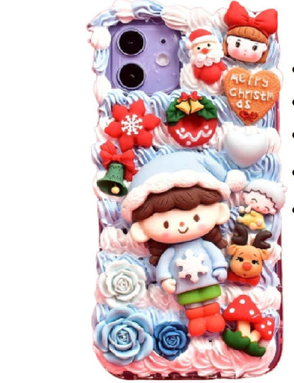 Finished Handmade Decoden Phone Cases | Christmas Kawaii Girl Santa Snowman Reindeer Winter Hats Cookies Phones Charms | Samsung Android iPhone Cases - MeowsomeCrafts