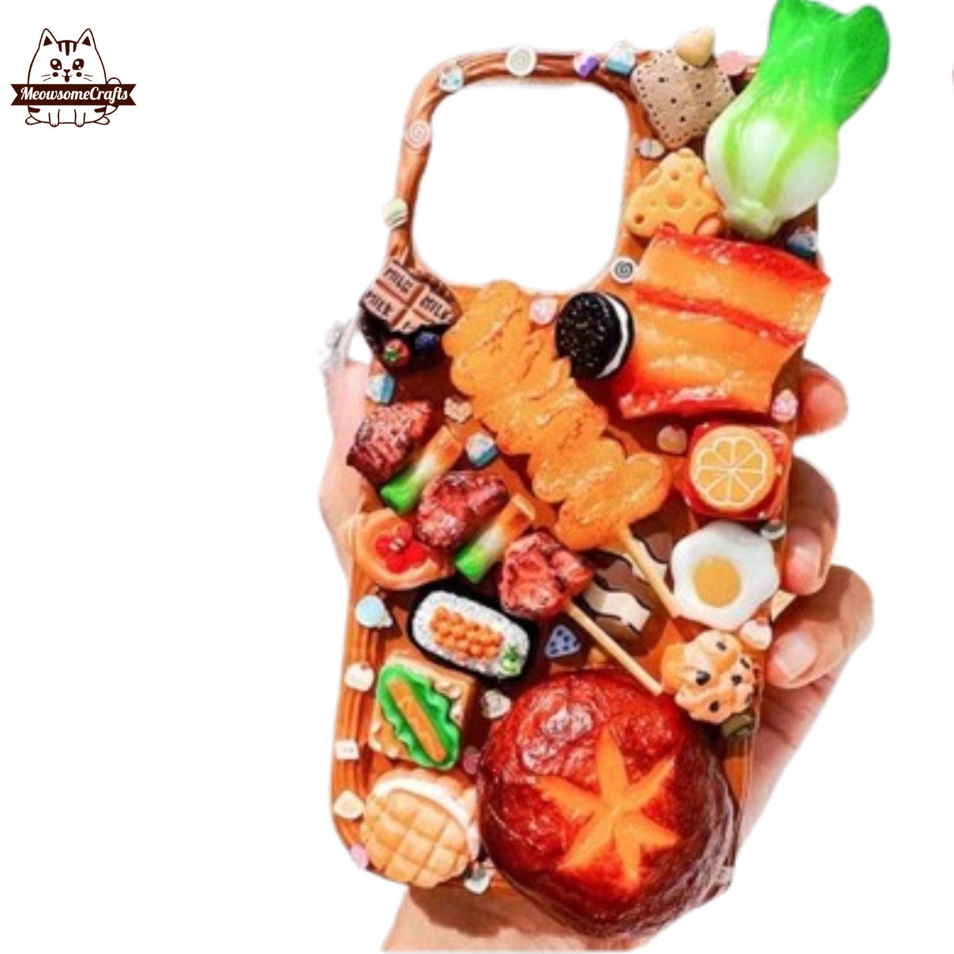 Finished Handmade Decoden Phone Cases | Food Sushi Dumplings Pizza Bread Meat Charms | Samsung Android iPhone Cases - MeowsomeCrafts