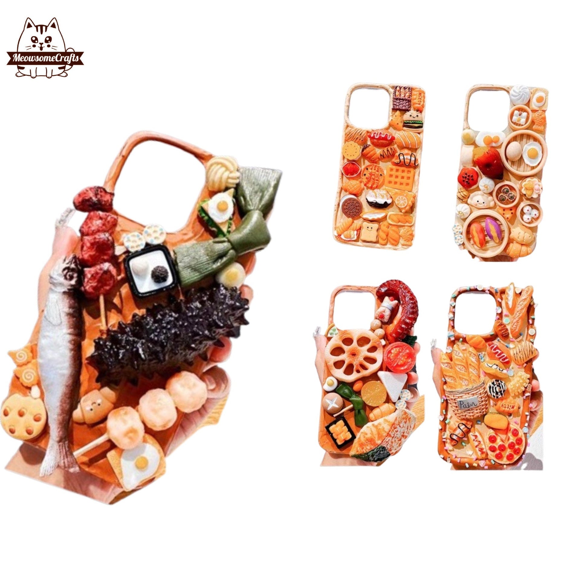 Finished Handmade Decoden Phone Cases | Food Sushi Dumplings Pizza Bread Meat Charms | Samsung Android iPhone Cases - MeowsomeCrafts