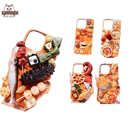 Finished Handmade Decoden Phone Cases | Food Sushi Dumplings Pizza Bread Meat Charms | Samsung Android iPhone Cases - MeowsomeCrafts