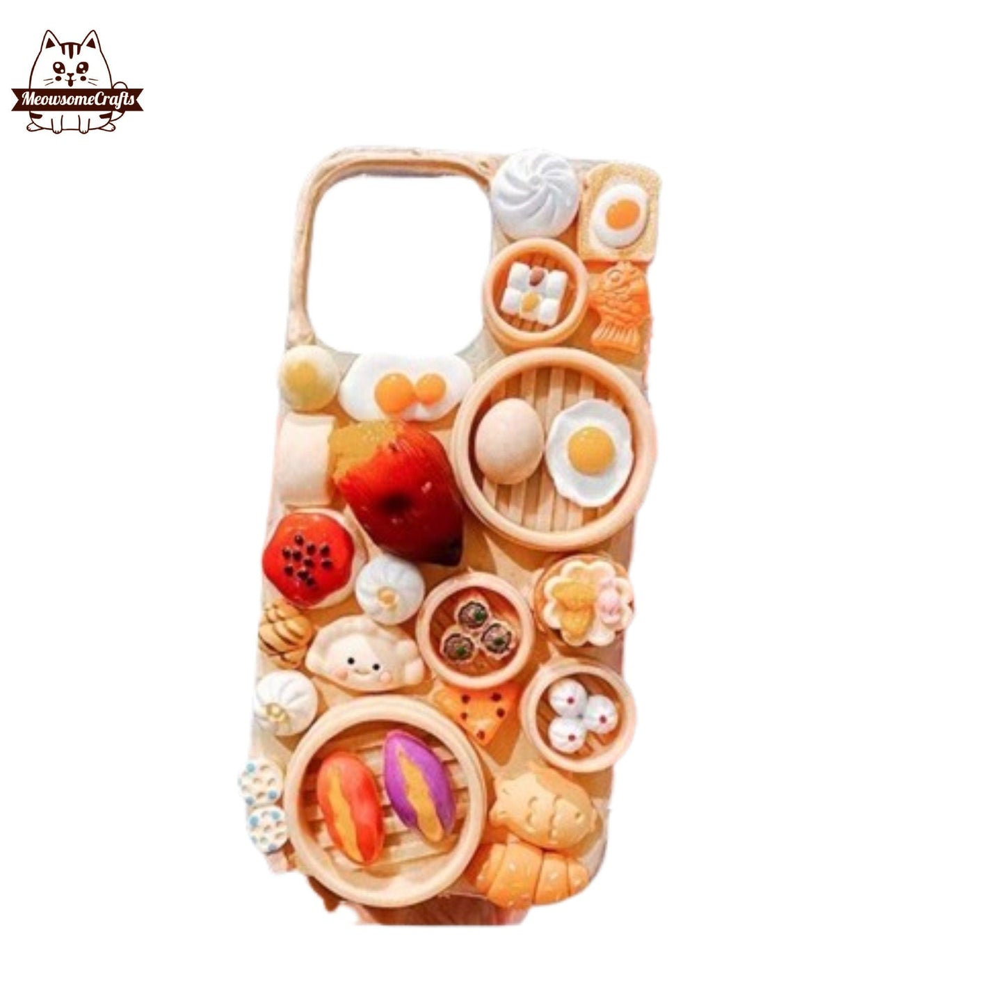 Finished Handmade Decoden Phone Cases | Food Sushi Dumplings Pizza Bread Meat Charms | Samsung Android iPhone Cases - MeowsomeCrafts