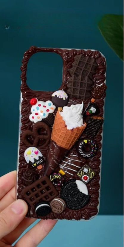 Finished Handmade Decoden Phone Cases | Ice Cream Cone Cookies Candy Cupcake Chocolate Dessert Charms | Samsung Android iPhone Cases - MeowsomeCrafts