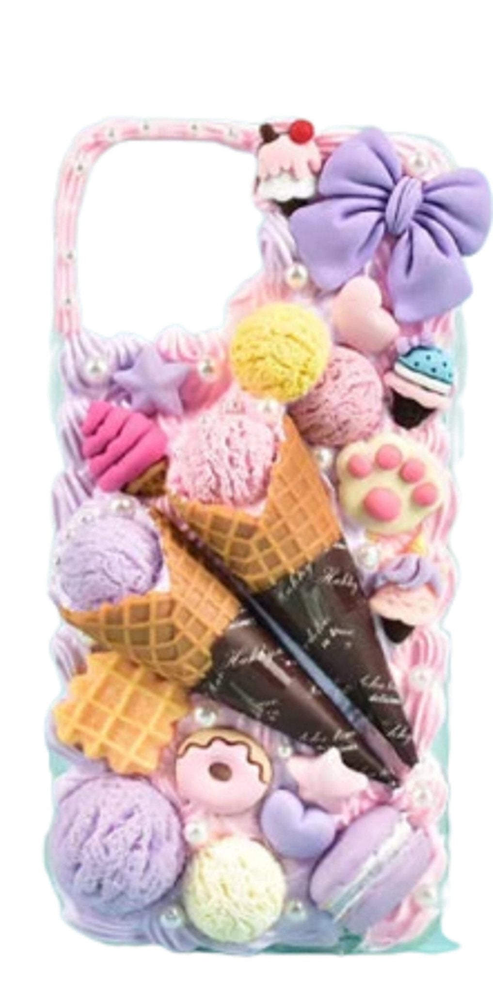 Finished Handmade Decoden Phone Cases | Ice Cream Scoops Waffle Cones Macaroons Candy Hearts Dessert Charms | Samsung Android iPhone Cases - MeowsomeCrafts