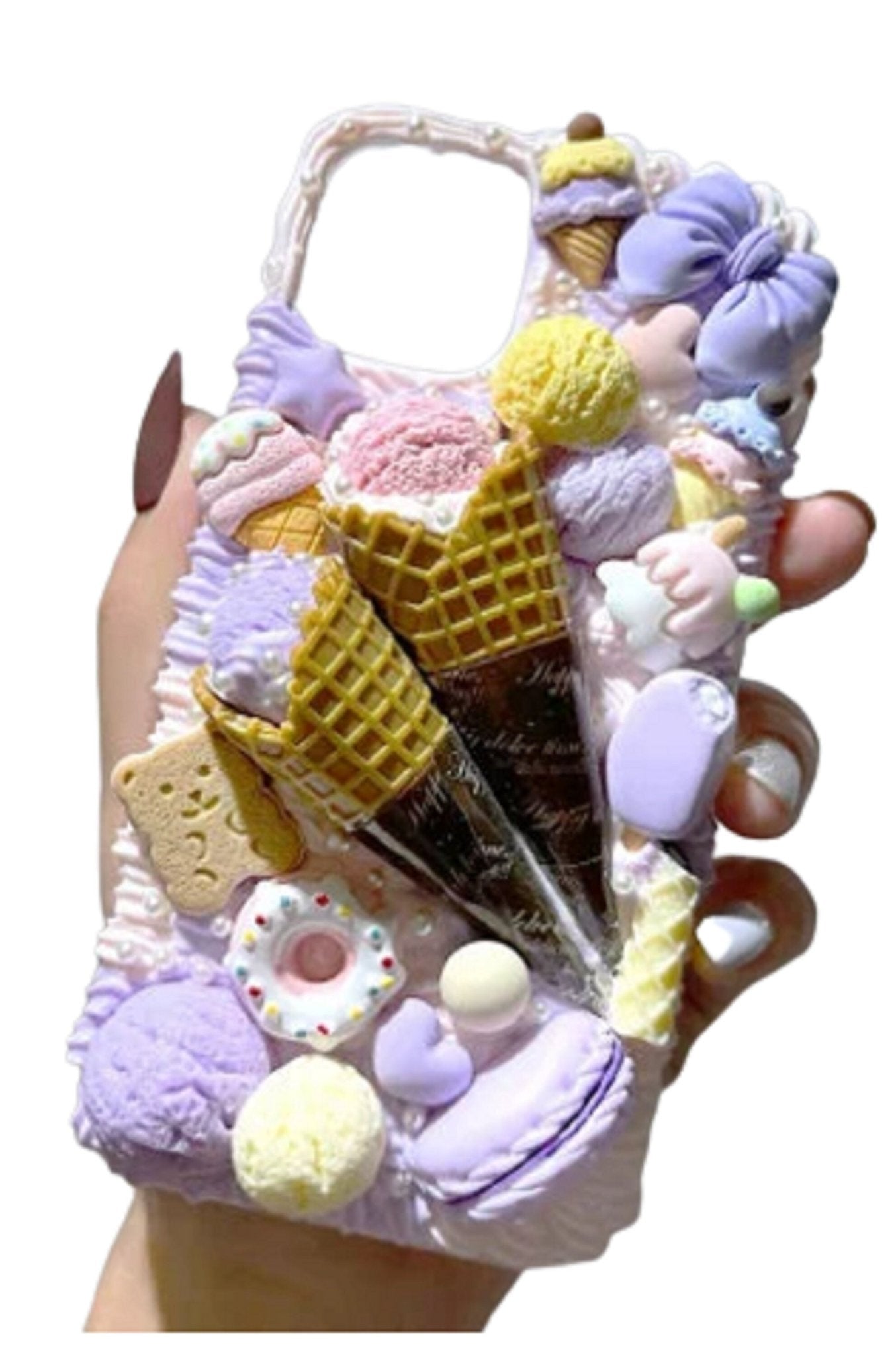 Finished Handmade Decoden Phone Cases | Ice Cream Scoops Waffle Cones Macaroons Candy Hearts Dessert Charms | Samsung Android iPhone Cases - MeowsomeCrafts