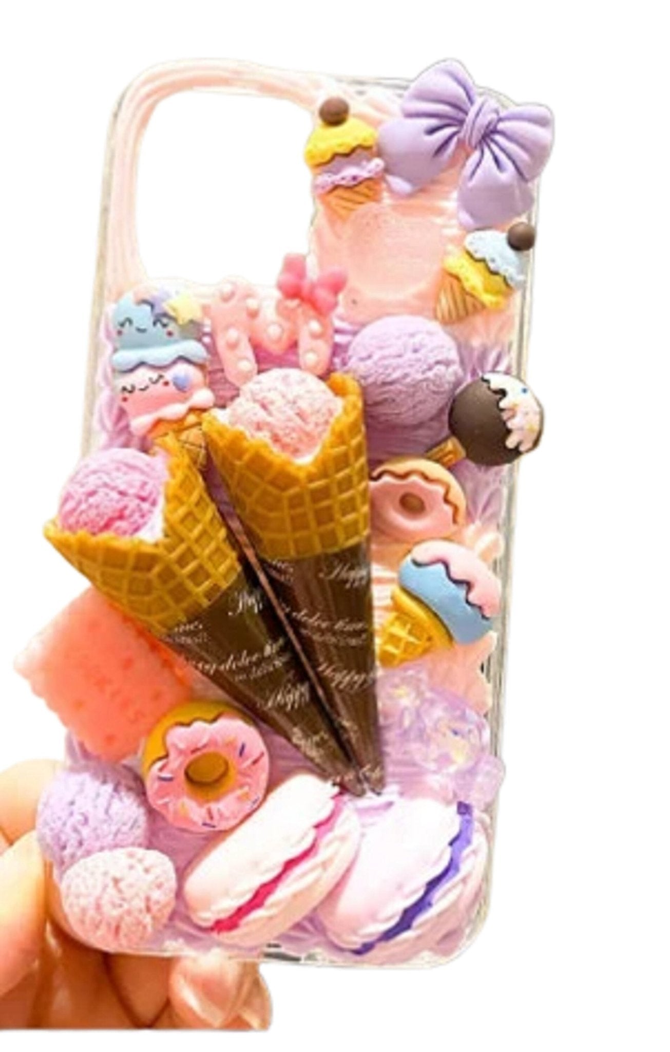 Finished Handmade Decoden Phone Cases | Ice Cream Scoops Waffle Cones Macaroons Candy Hearts Dessert Charms | Samsung Android iPhone Cases - MeowsomeCrafts